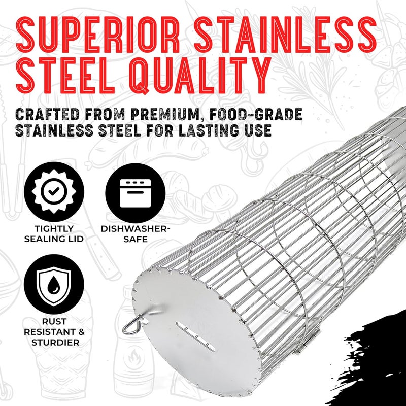 SHIZZO Rolling Grill Basket, New Opening Design, Extra Sturdy Cylinder Grilling Basket, Food Grade Stainless Steel, Large Portable Outdoor Camping accessories BBQ Net Rack, Cooking Griller for Fish, Vegetables, and More - Gifts for Men Dad Husband - Set of 2 - Image 4